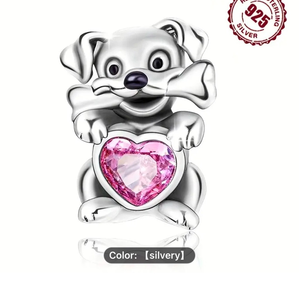 New Authentic S925 Sterling Silver Cute Dog Charm Pendant w/ Pink Heart